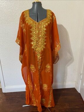 Embroidered Orange Kaftan Dress with Gold Accents